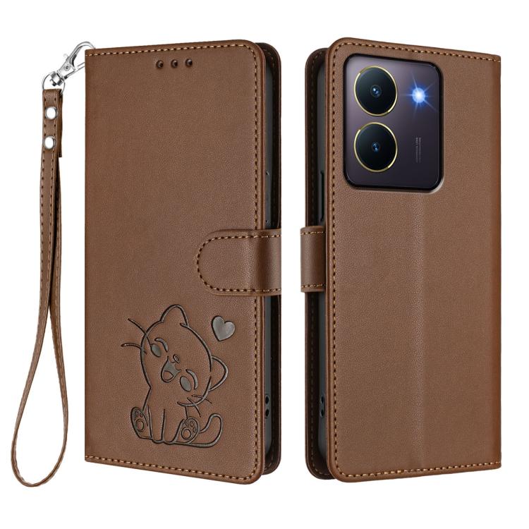 For vivo Y36 5G / 4G / Y27 / Y27s Global Embossed Heart Cat Leather Phone Case with Hand Strap