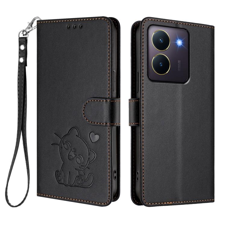 For vivo Y36 5G / 4G / Y27 / Y27s Global Embossed Heart Cat Leather Phone Case with Hand Strap