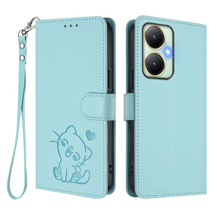 For vivo Y35+ / Y35m+ / Y27 4G 2023 Embossed Heart Cat Leather Phone Case with Hand Strap
