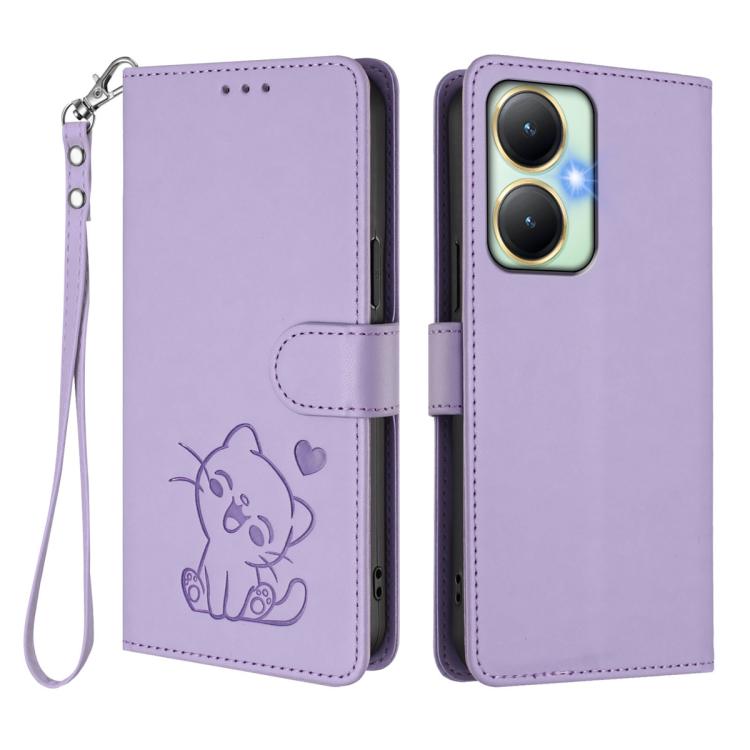 For vivo Y35+ / Y35m+ / Y27 4G 2023 Embossed Heart Cat Leather Phone Case with Hand Strap