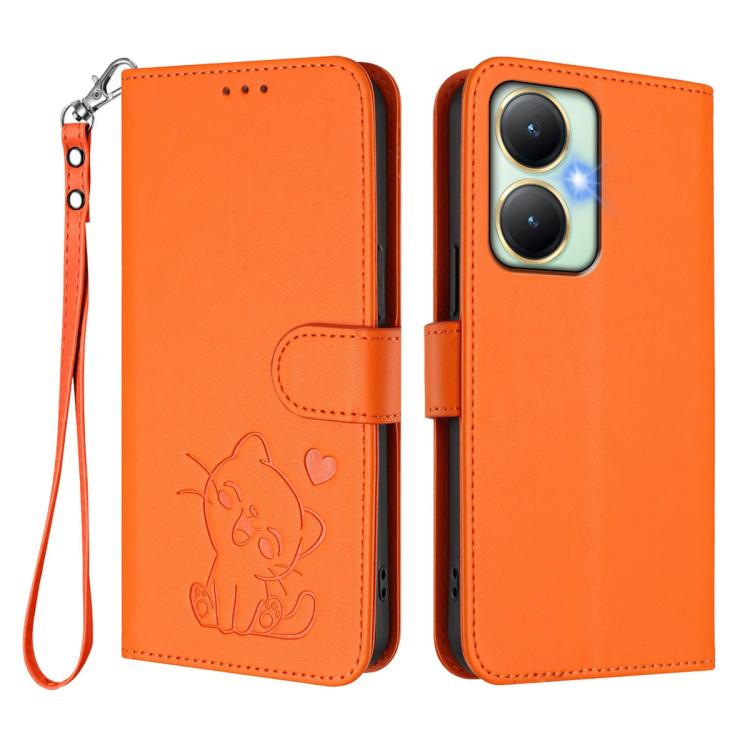 For vivo Y35+ / Y35m+ / Y27 4G 2023 Embossed Heart Cat Leather Phone Case with Hand Strap