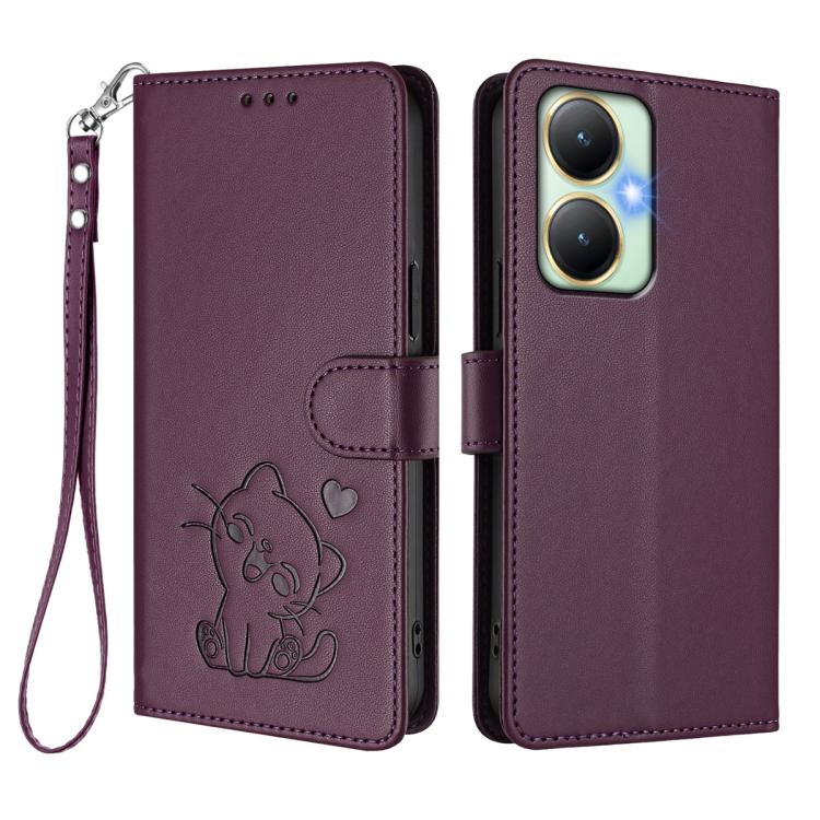 For vivo Y35+ / Y35m+ / Y27 4G 2023 Embossed Heart Cat Leather Phone Case with Hand Strap