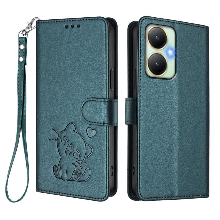 For vivo Y35+ / Y35m+ / Y27 4G 2023 Embossed Heart Cat Leather Phone Case with Hand Strap