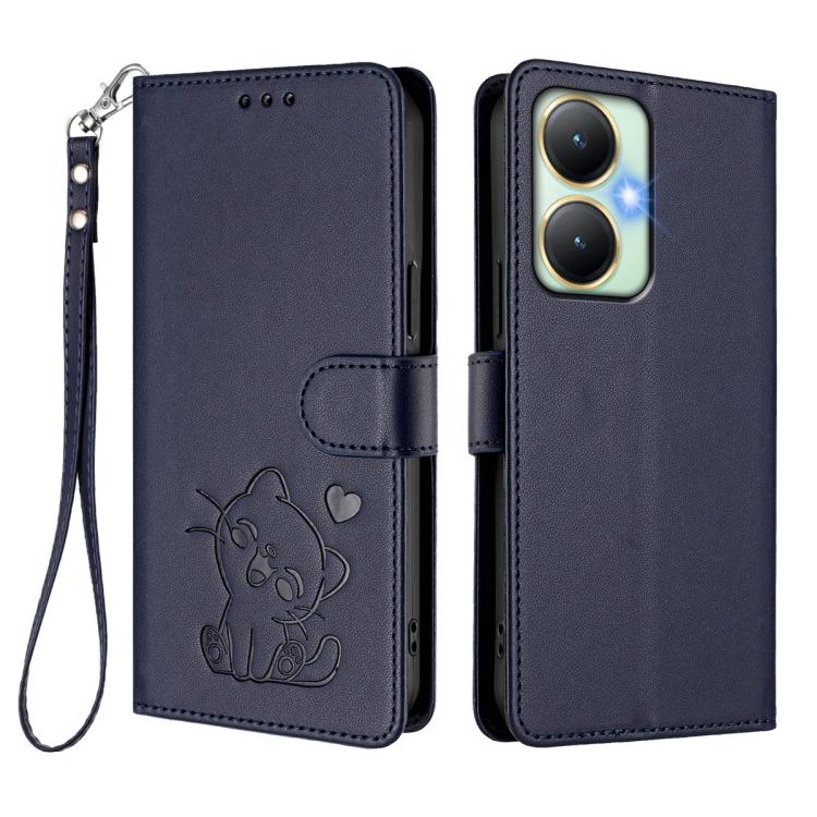 For vivo Y35+ / Y35m+ / Y27 4G 2023 Embossed Heart Cat Leather Phone Case with Hand Strap