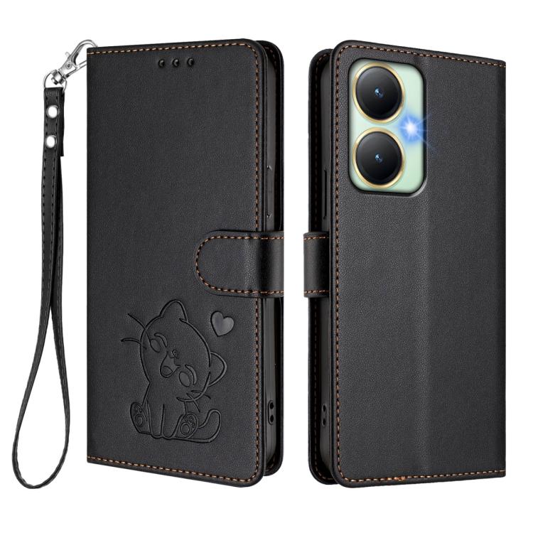 For vivo Y35+ / Y35m+ / Y27 4G 2023 Embossed Heart Cat Leather Phone Case with Hand Strap