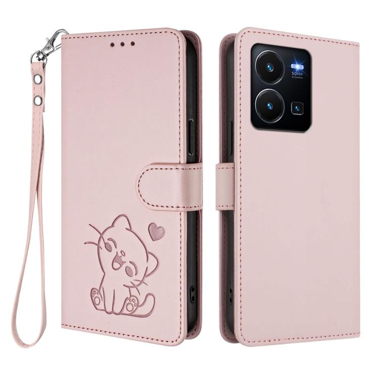 For vivo Y35 4G / Y22 / Y22s / Y77 / Y77e Embossed Heart Cat Leather Phone Case with Hand Strap