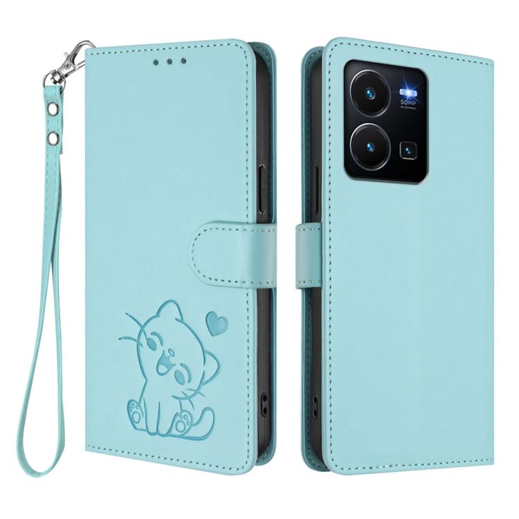For vivo Y35 4G / Y22 / Y22s / Y77 / Y77e Embossed Heart Cat Leather Phone Case with Hand Strap