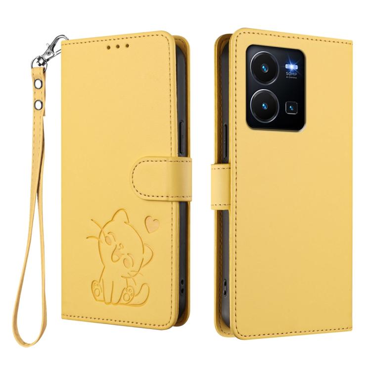 For vivo Y35 4G / Y22 / Y22s / Y77 / Y77e Embossed Heart Cat Leather Phone Case with Hand Strap