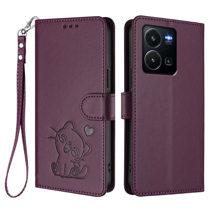 For vivo Y35 4G / Y22 / Y22s / Y77 / Y77e Embossed Heart Cat Leather Phone Case with Hand Strap