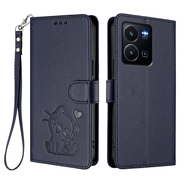 For vivo Y35 4G / Y22 / Y22s / Y77 / Y77e Embossed Heart Cat Leather Phone Case with Hand Strap