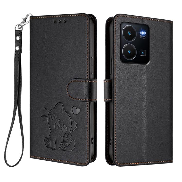 For vivo Y35 4G / Y22 / Y22s / Y77 / Y77e Embossed Heart Cat Leather Phone Case with Hand Strap
