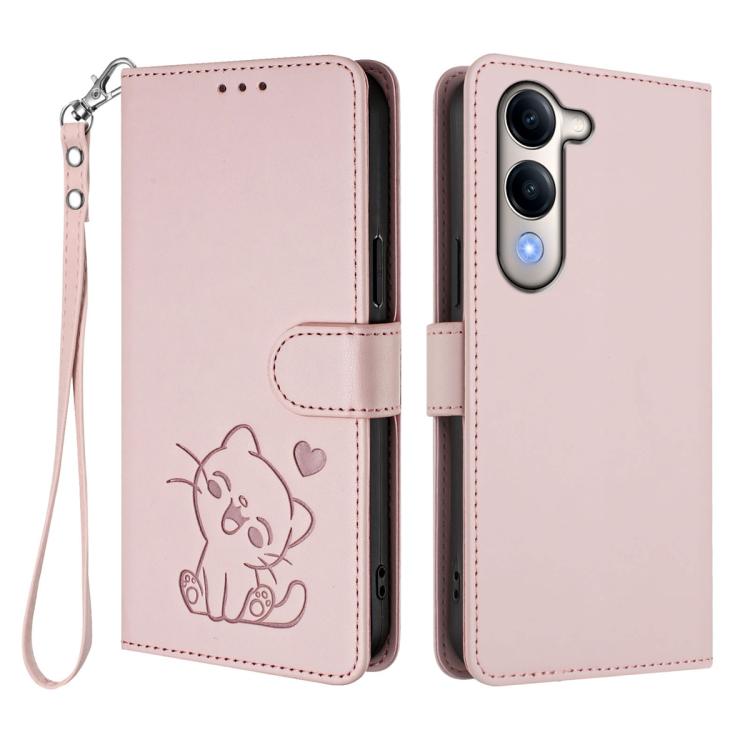 For vivo Y29s 5G / vivo Y04 4G Global Embossed Heart Cat Leather Phone Case with Hand Strap