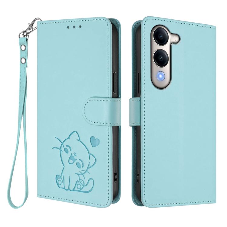 For vivo Y29s 5G / vivo Y04 4G Global Embossed Heart Cat Leather Phone Case with Hand Strap
