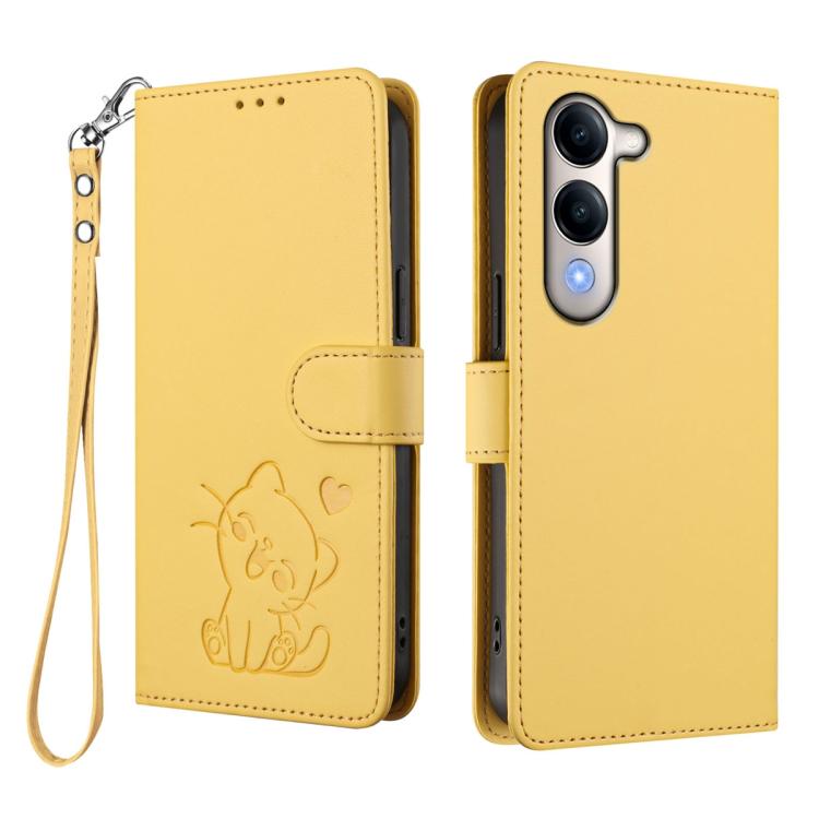 For vivo Y29s 5G / vivo Y04 4G Global Embossed Heart Cat Leather Phone Case with Hand Strap