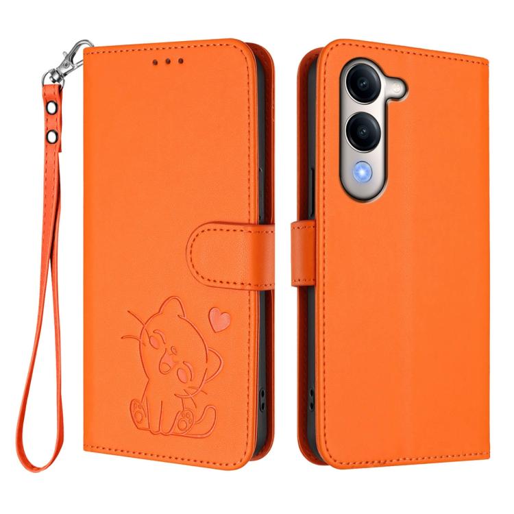 For vivo Y29s 5G / vivo Y04 4G Global Embossed Heart Cat Leather Phone Case with Hand Strap