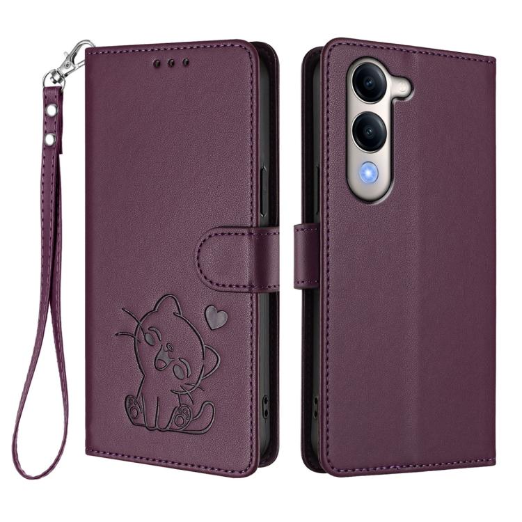 For vivo Y29s 5G / vivo Y04 4G Global Embossed Heart Cat Leather Phone Case with Hand Strap