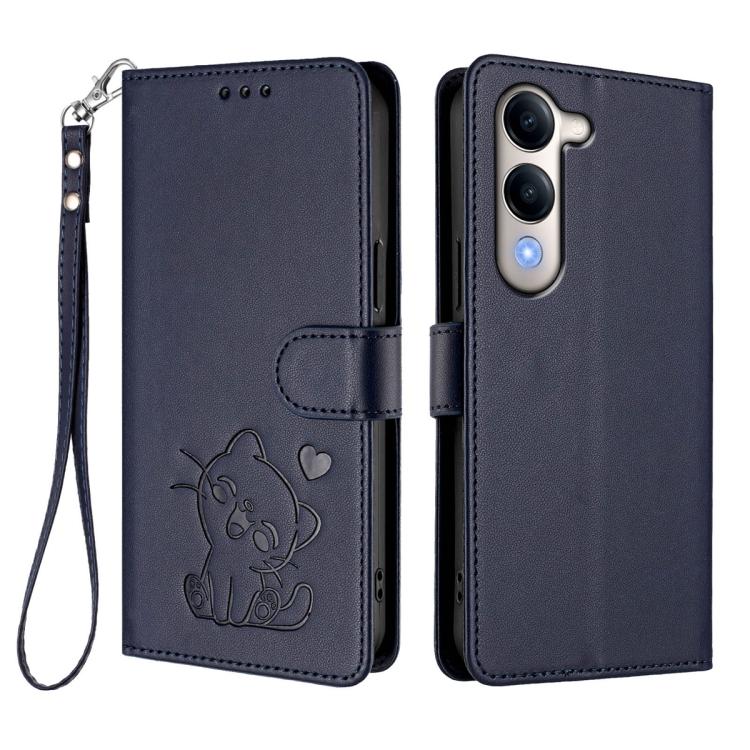 For vivo Y29s 5G / vivo Y04 4G Global Embossed Heart Cat Leather Phone Case with Hand Strap
