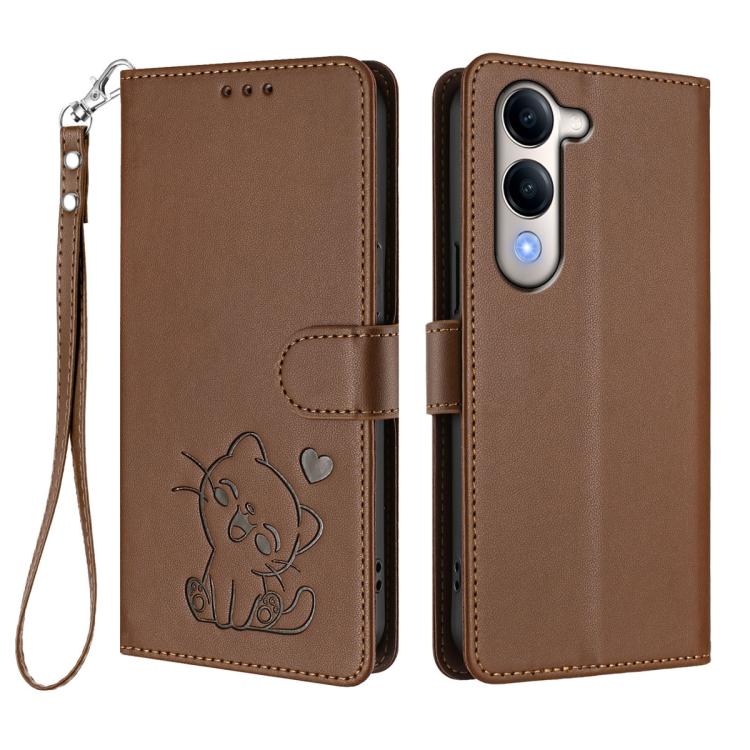 For vivo Y29s 5G / vivo Y04 4G Global Embossed Heart Cat Leather Phone Case with Hand Strap