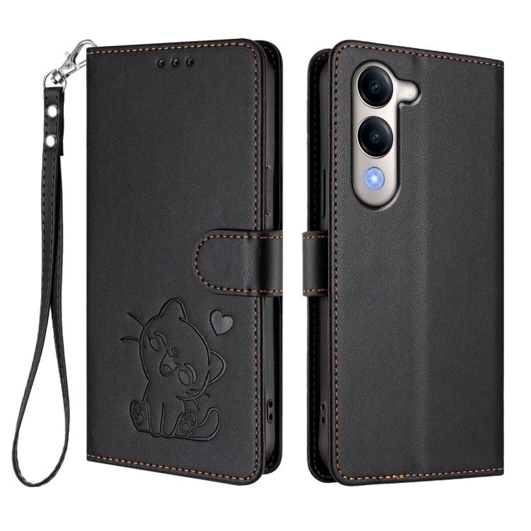 For vivo Y29s 5G / vivo Y04 4G Global Embossed Heart Cat Leather Phone Case with Hand Strap