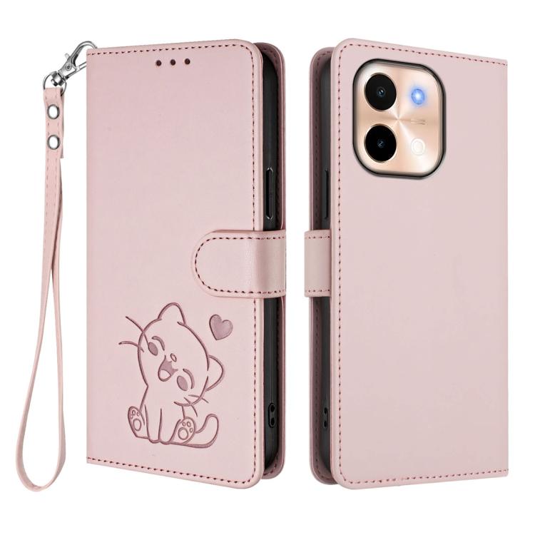 For vivo Y28 4G Global Embossed Heart Cat Leather Phone Case with Hand Strap