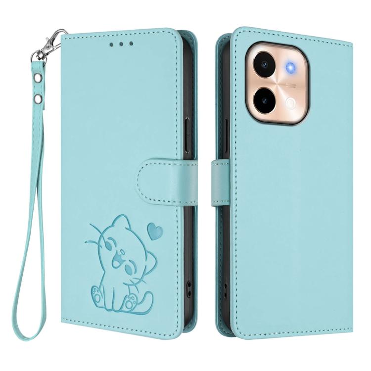 For vivo Y28 4G Global Embossed Heart Cat Leather Phone Case with Hand Strap