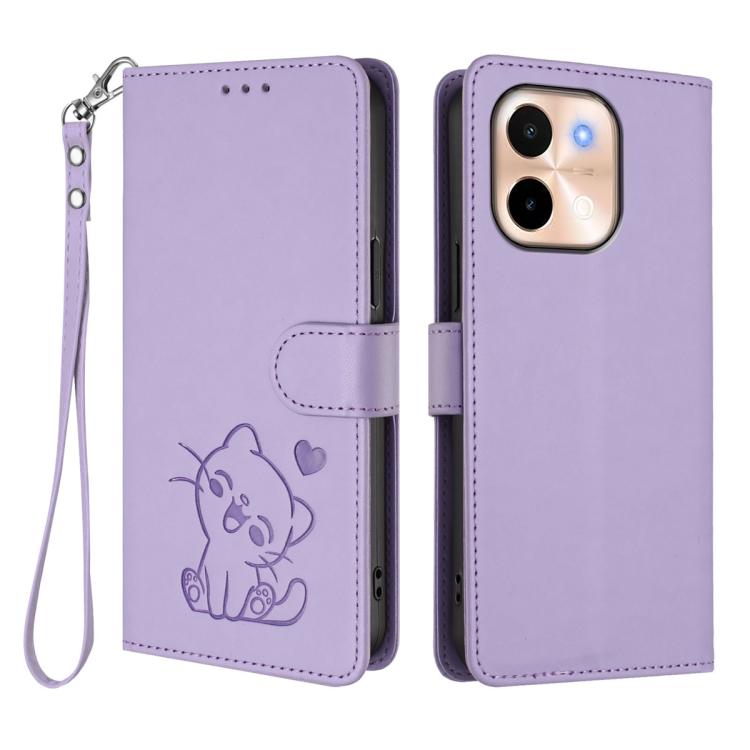 For vivo Y28 4G Global Embossed Heart Cat Leather Phone Case with Hand Strap