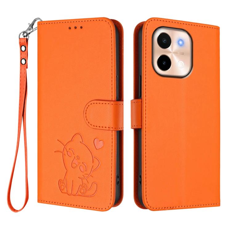 For vivo Y28 4G Global Embossed Heart Cat Leather Phone Case with Hand Strap