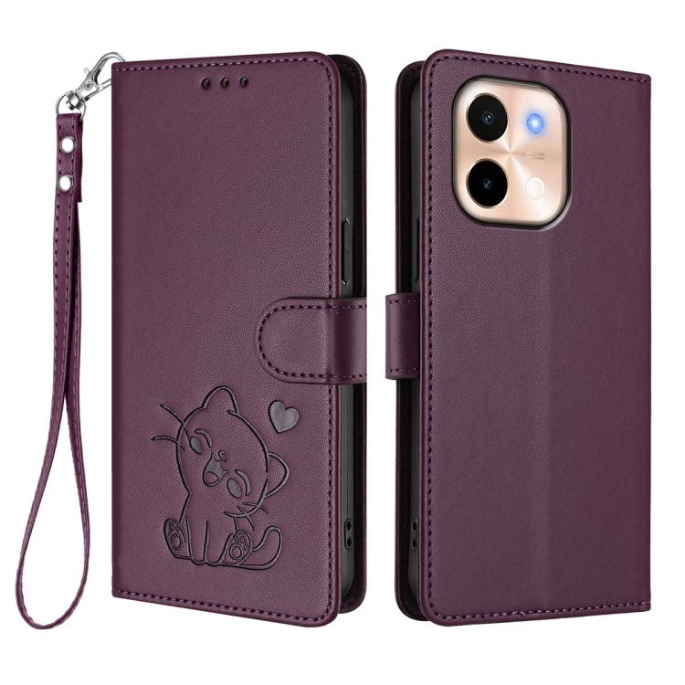 For vivo Y28 4G Global Embossed Heart Cat Leather Phone Case with Hand Strap