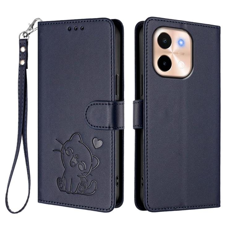 For vivo Y28 4G Global Embossed Heart Cat Leather Phone Case with Hand Strap