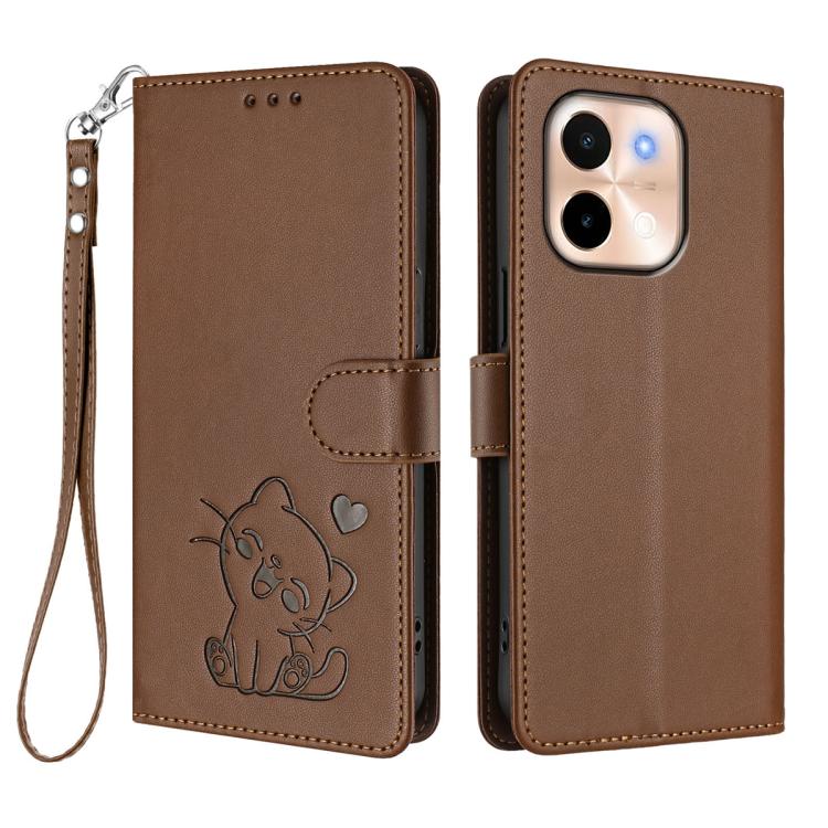 For vivo Y28 4G Global Embossed Heart Cat Leather Phone Case with Hand Strap