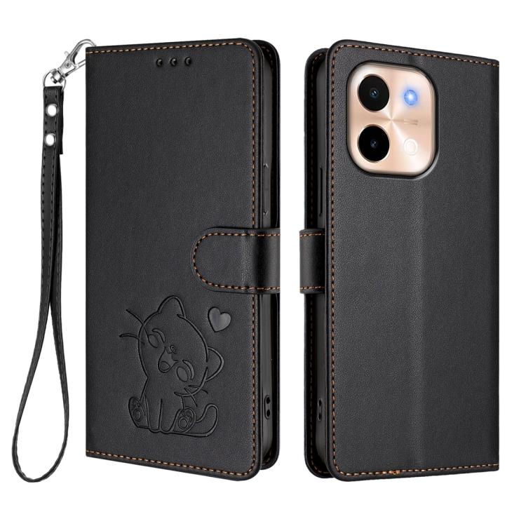 For vivo Y28 4G Global Embossed Heart Cat Leather Phone Case with Hand Strap