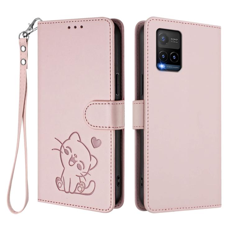 For vivo Y21t / vivo Y21e Embossed Heart Cat Leather Phone Case with Hand Strap