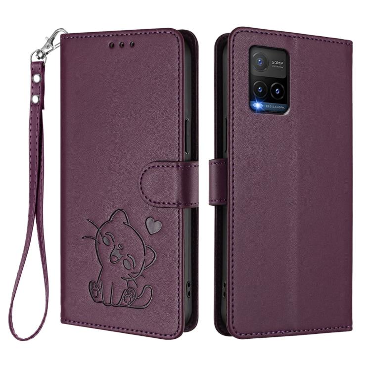 For vivo Y21t / vivo Y21e Embossed Heart Cat Leather Phone Case with Hand Strap