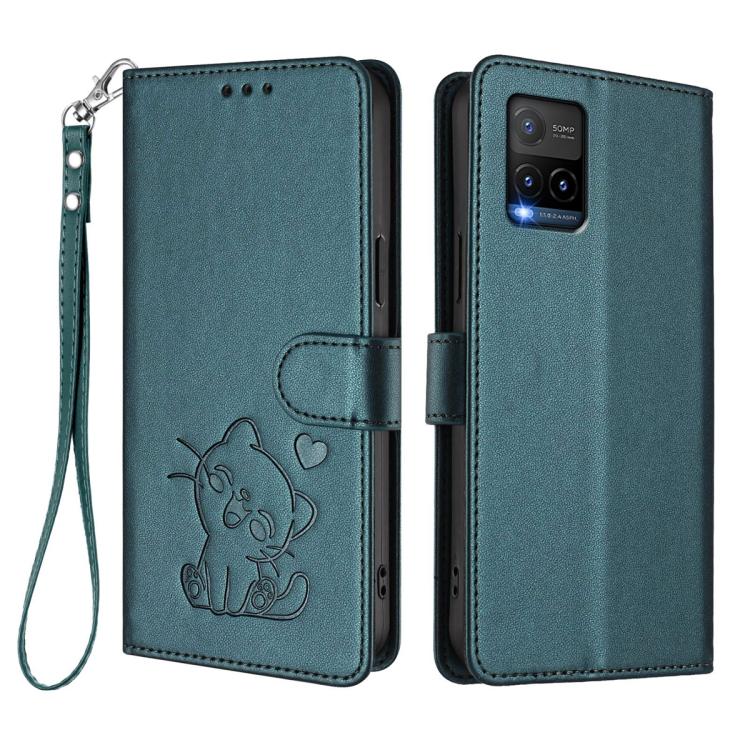 For vivo Y21t / vivo Y21e Embossed Heart Cat Leather Phone Case with Hand Strap