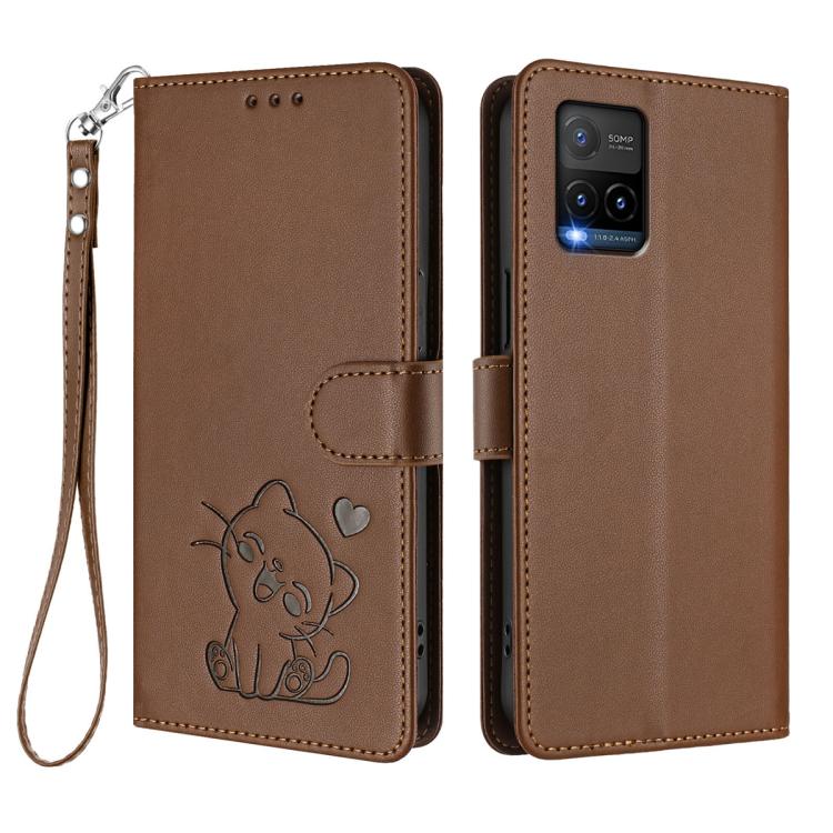 For vivo Y21t / vivo Y21e Embossed Heart Cat Leather Phone Case with Hand Strap