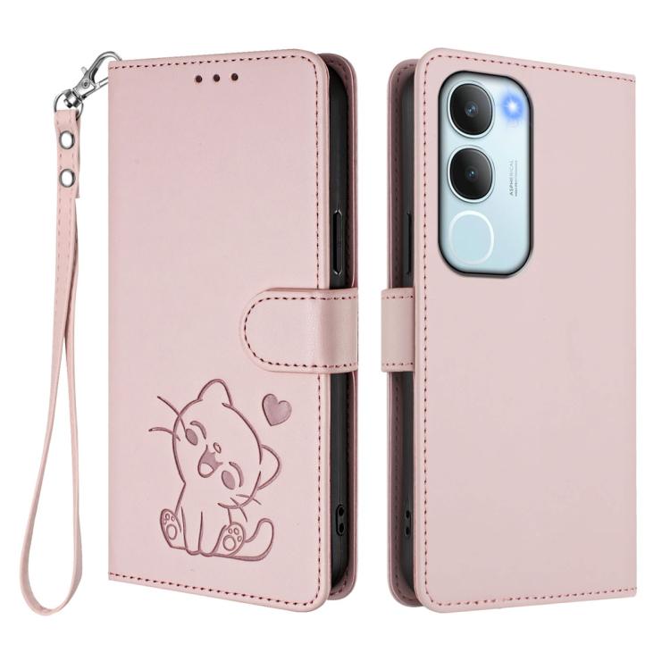 For vivo Y19s / vivo Y29 5G Embossed Heart Cat Leather Phone Case with Hand Strap
