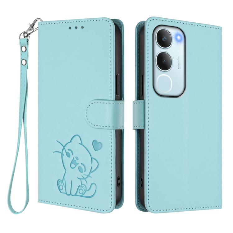For vivo Y19s / vivo Y29 5G Embossed Heart Cat Leather Phone Case with Hand Strap