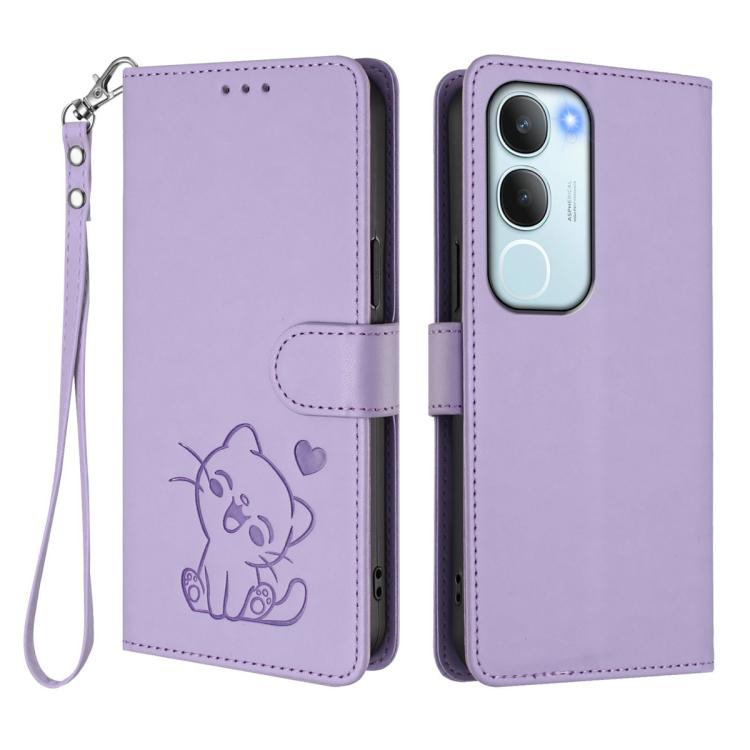 For vivo Y19s / vivo Y29 5G Embossed Heart Cat Leather Phone Case with Hand Strap