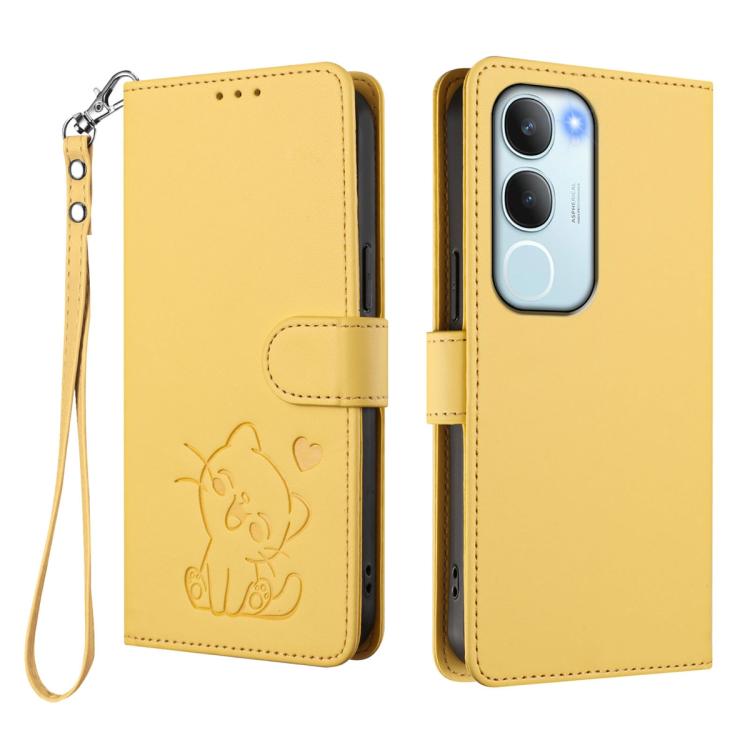 For vivo Y19s / vivo Y29 5G Embossed Heart Cat Leather Phone Case with Hand Strap