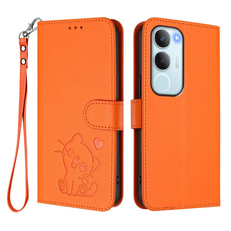 For vivo Y19s / vivo Y29 5G Embossed Heart Cat Leather Phone Case with Hand Strap