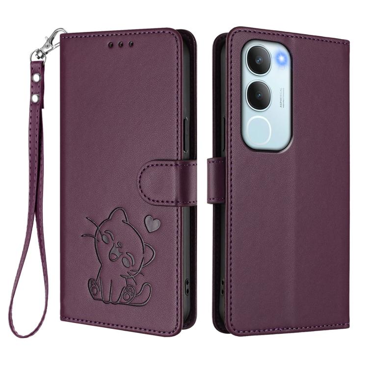 For vivo Y19s / vivo Y29 5G Embossed Heart Cat Leather Phone Case with Hand Strap