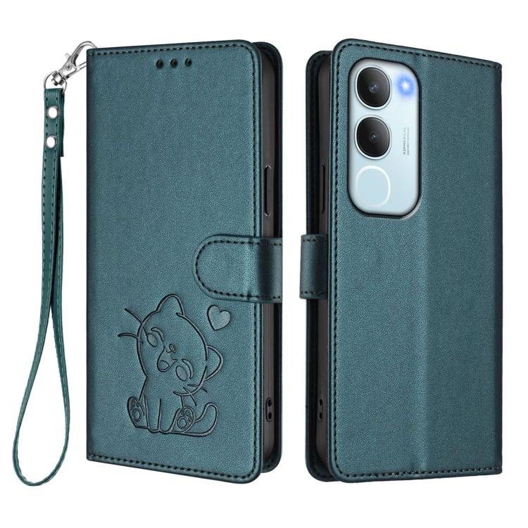 For vivo Y19s / vivo Y29 5G Embossed Heart Cat Leather Phone Case with Hand Strap