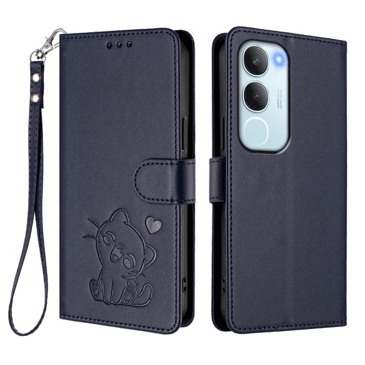 For vivo Y19s / vivo Y29 5G Embossed Heart Cat Leather Phone Case with Hand Strap