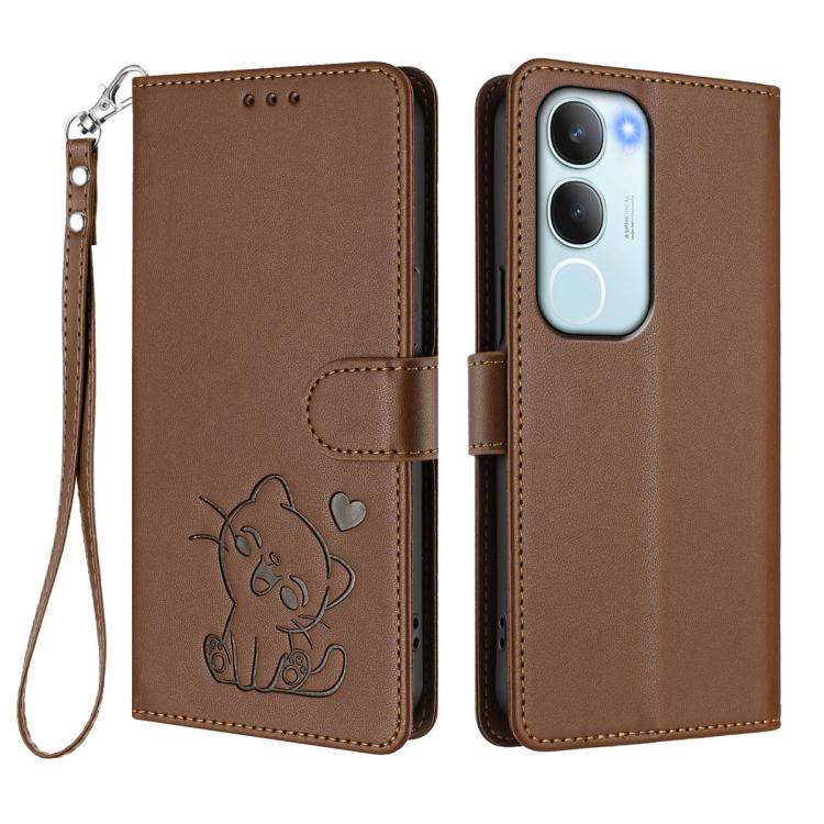 For vivo Y19s / vivo Y29 5G Embossed Heart Cat Leather Phone Case with Hand Strap