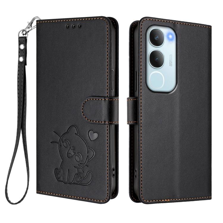 For vivo Y19s / vivo Y29 5G Embossed Heart Cat Leather Phone Case with Hand Strap