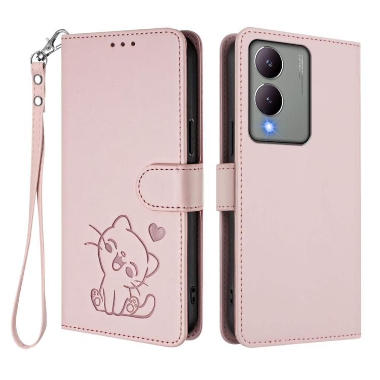 For vivo Y17s 4G Global / vivo Y17s 5G India Embossed Heart Cat Leather Phone Case with Hand Strap