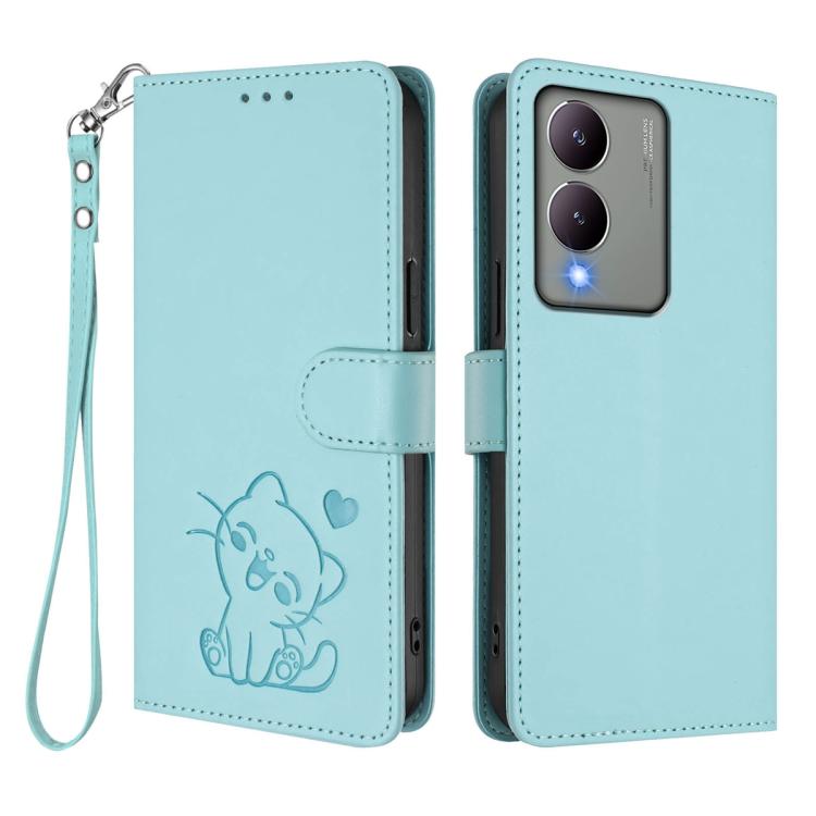 For vivo Y17s 4G Global / vivo Y17s 5G India Embossed Heart Cat Leather Phone Case with Hand Strap