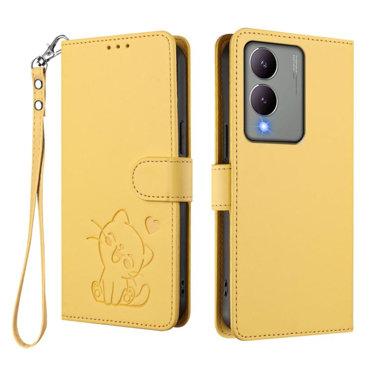 For vivo Y17s 4G Global / vivo Y17s 5G India Embossed Heart Cat Leather Phone Case with Hand Strap