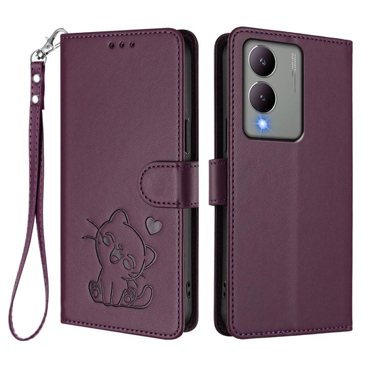 For vivo Y17s 4G Global / vivo Y17s 5G India Embossed Heart Cat Leather Phone Case with Hand Strap