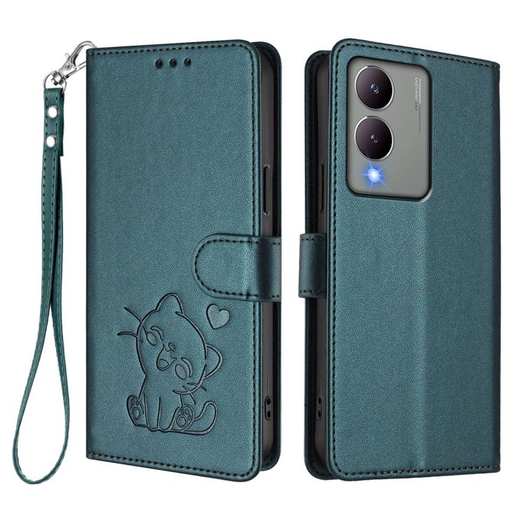 For vivo Y17s 4G Global / vivo Y17s 5G India Embossed Heart Cat Leather Phone Case with Hand Strap